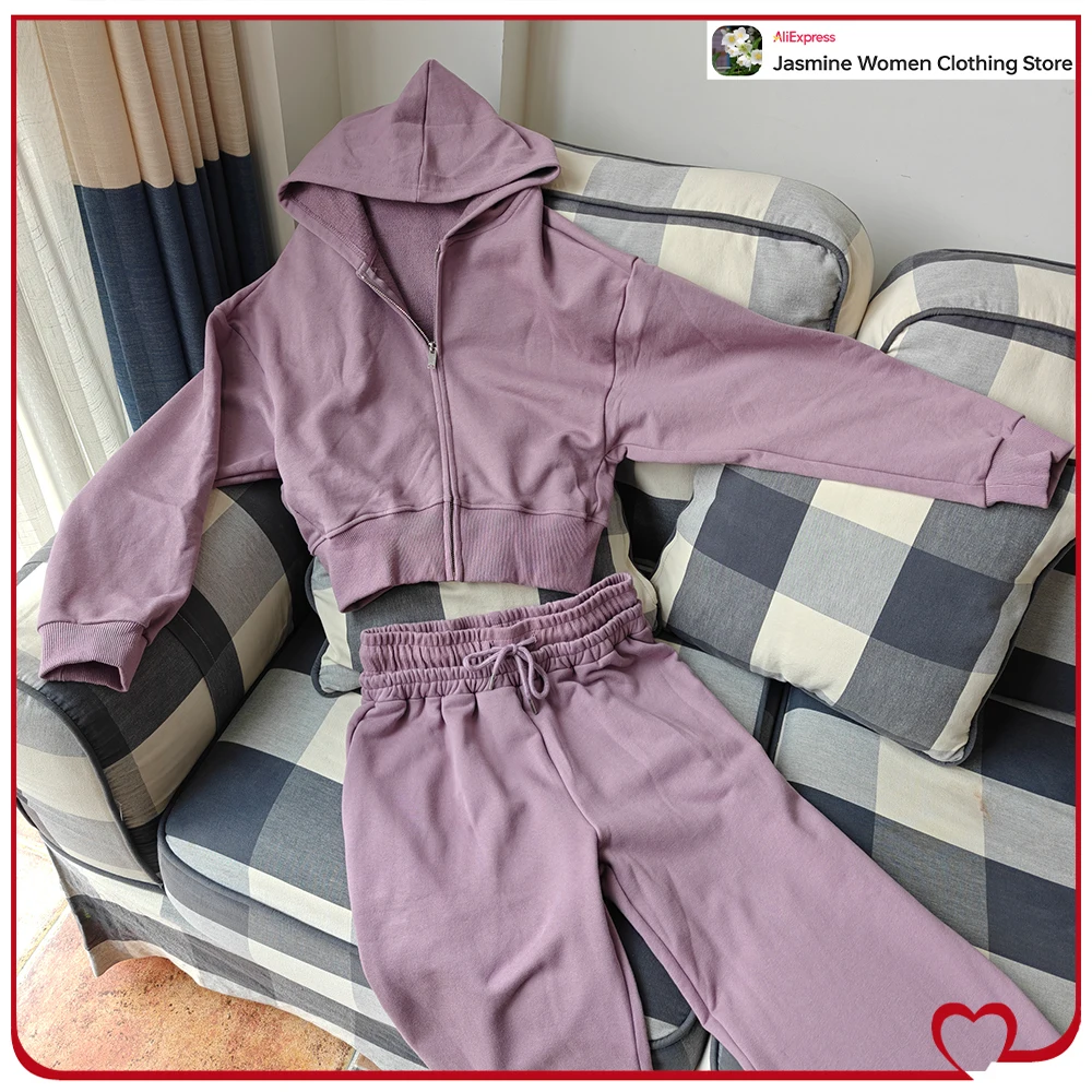 

Spring & Autumn New Matching Sets for Women Comfy Cotton Tracksuits Cropped Hoodie Sweatshirt and Drawstring Straight Leg Pants