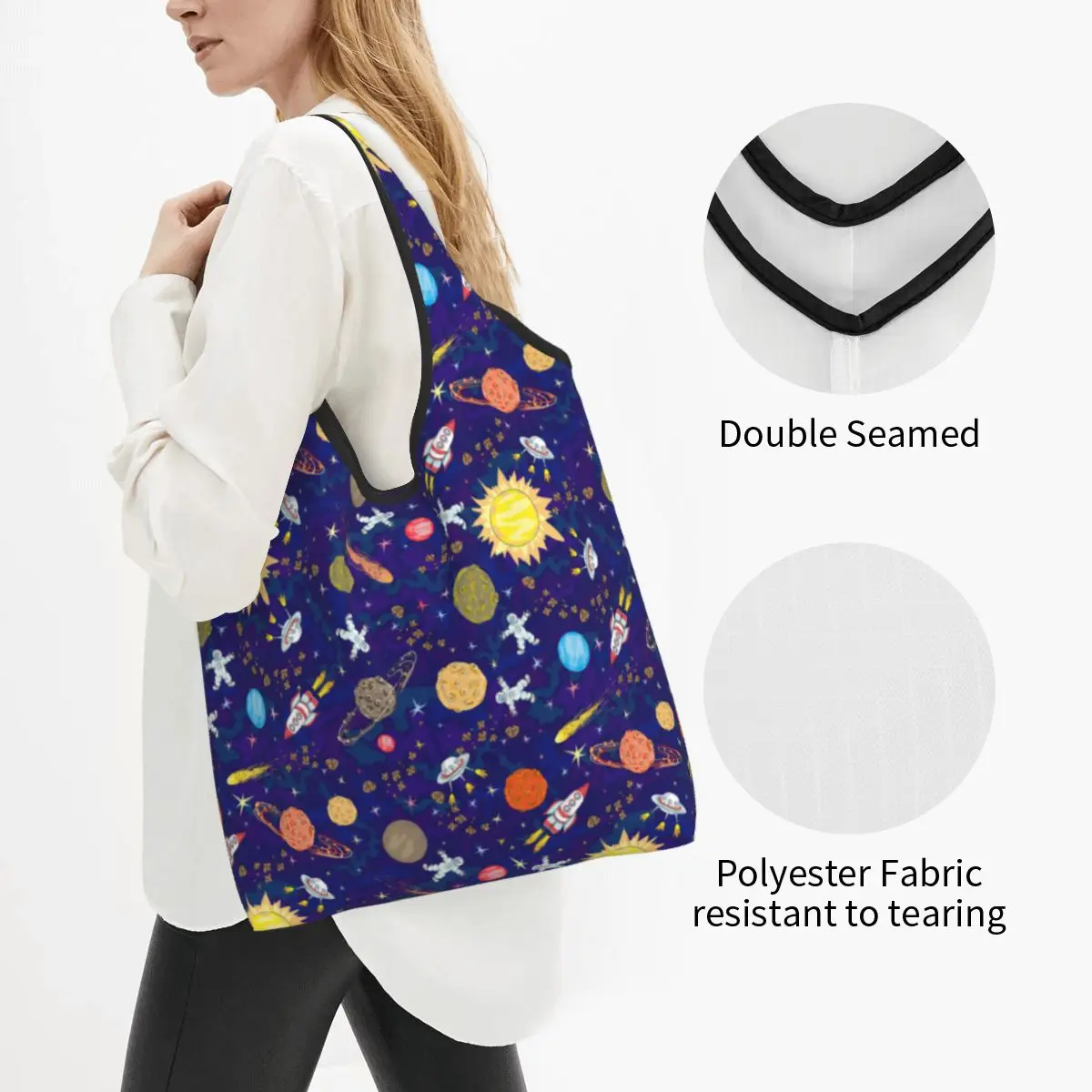 Custom Space Planet Rocket Shopping Bags Women Portable Big Capacity Groceries Universe Astronaut Spaceship Shopper Tote Bags