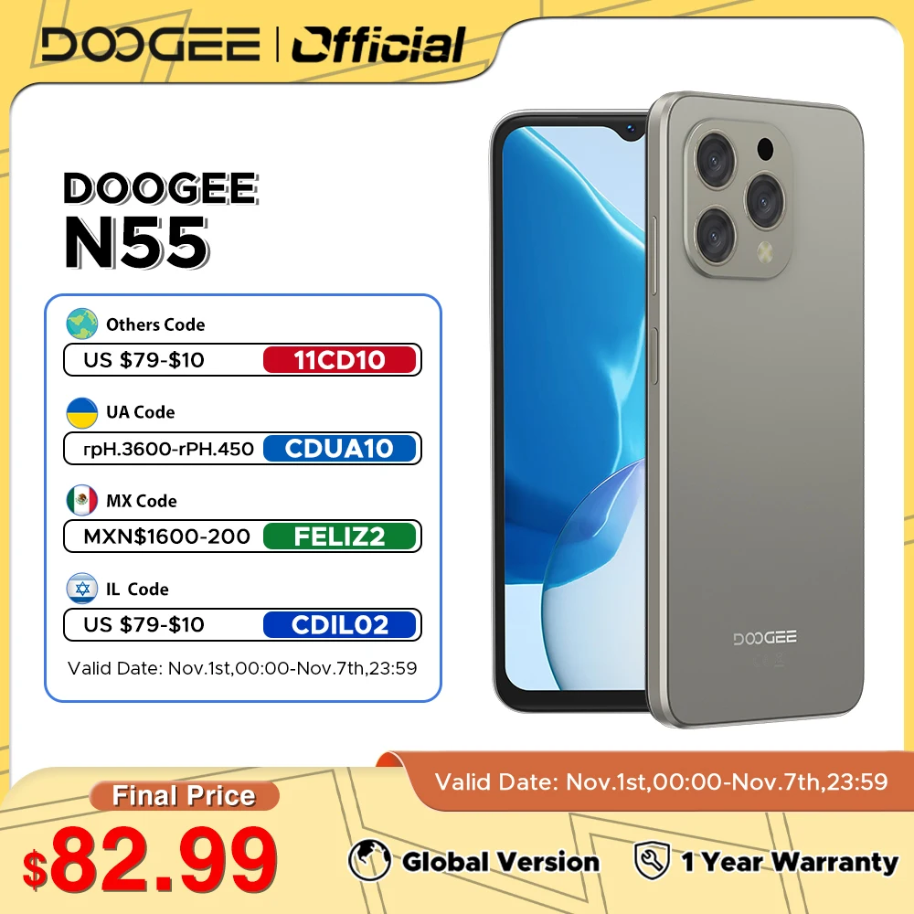 

DOOGEE N55 Smartphone Android 14 6.56" 90Hz Display 9GB RAM 128GB ROM Octa Core 13MP Double Camera Face Unlock 5150mAh Battery