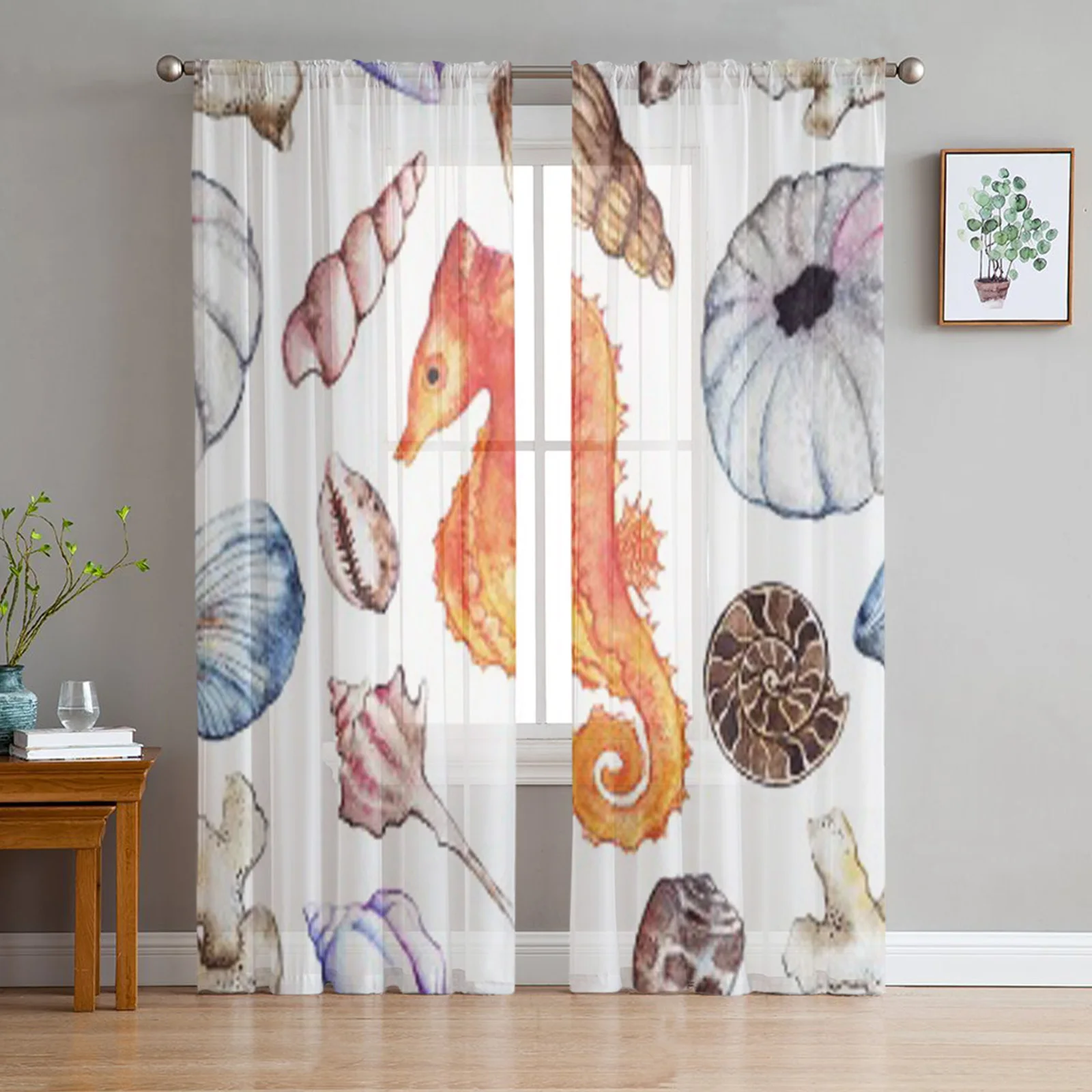 

Sea Ocean Seahorse Seashell Sheer Curtains For Living Room Modern Fashion Valance Curtains For Kitchen Tulle Curtains