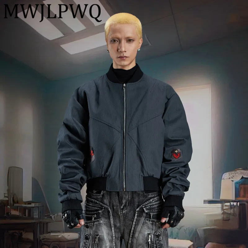 

MWJLPWQ Embroidery Style Textured Long Sleeve Short Jacket Unisex Spliced Zipper Stand Collar For Men Autumn Casual tops 11918