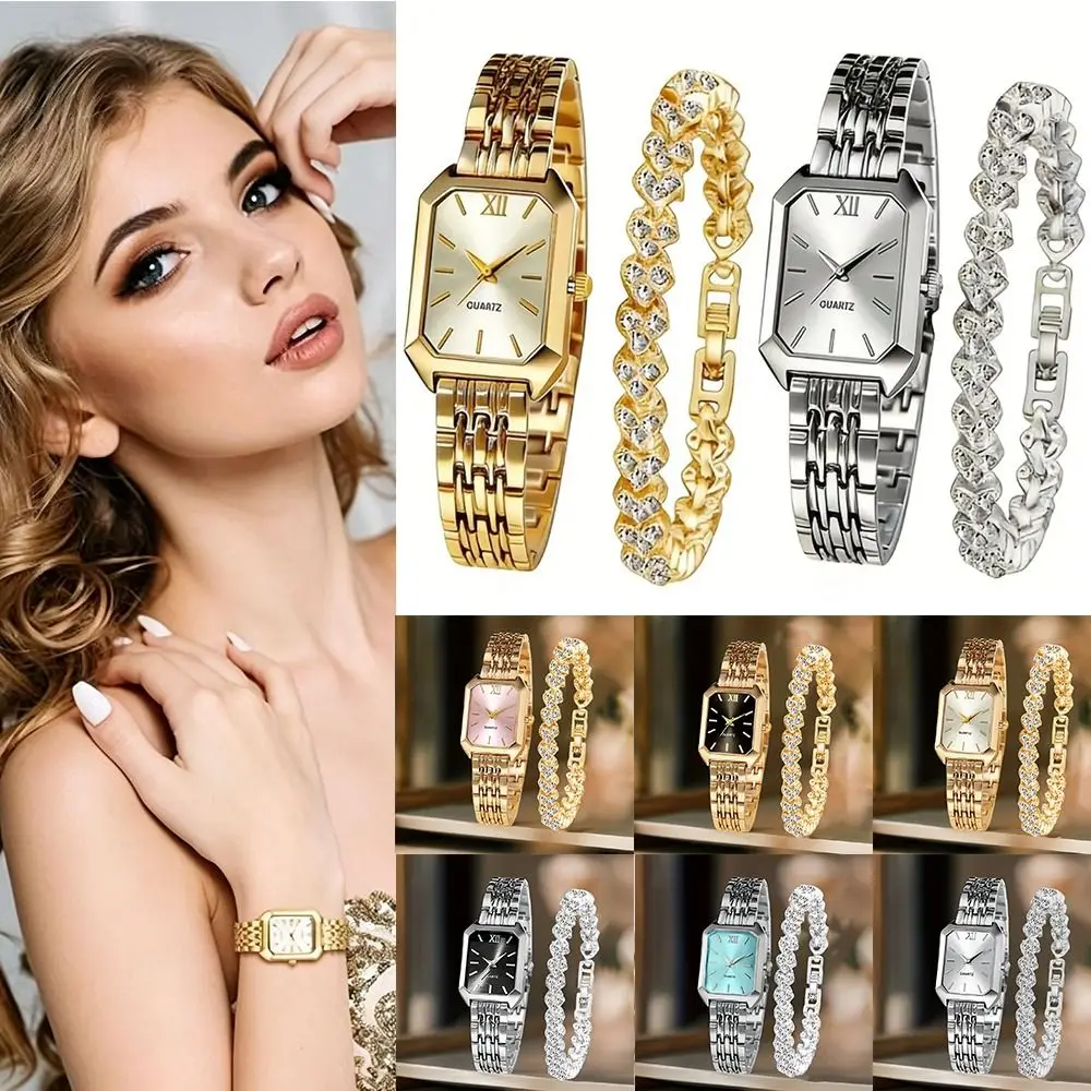 Fashion Watch and Rhinestone Bracelet Set Roma Dial Rectangle Women Quartz Watch Jewelry Korean Ladies Wristwatches Girls Clock