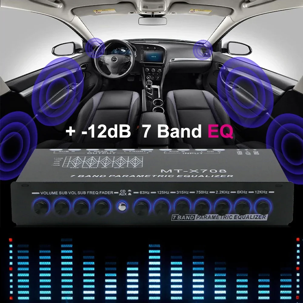 7 Band Car Equalizer Audio EQ Tuning +-12dB Crossover Amplifier Parametric Car Audio Preamplifier 63/125/315/750/2.2K/6KHz