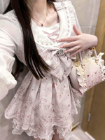 Kawaii Lolita Suits Harajuku Sweet Lace Patchwork Slim Fit Blouse + Y2k High Waist Skirts Women Spring New Black Two Piece Sets