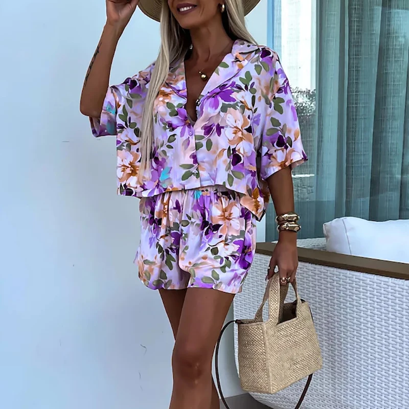 Fashion Bohemian Holiday Women Two Piece Set Pattern Printed Loose Summer Outfits Ladies Lapel Button Shirt + Shorts Beach Suit