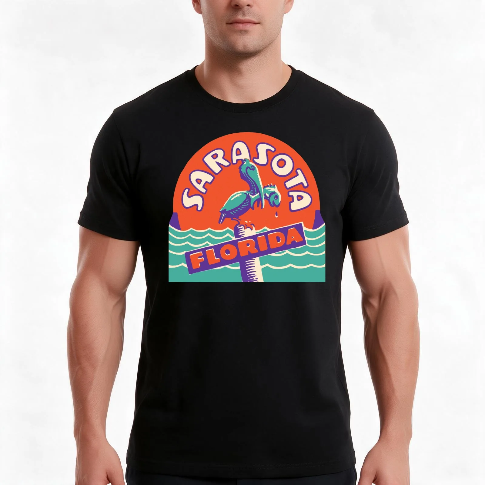 Sarasota Florida Vintage Travel Decal T-Shirt, Summer Casual Cotton Tee, Oversized Streetwear Tops, Vintage Graphic Print