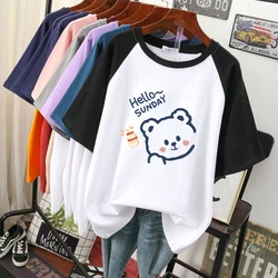 DAYIFUN O Neck Short Sleeve T-shirts Women Cartoon Print Splicing Design Sense Tshirts 2024 New Summer Plus Size Cotton Top Tees