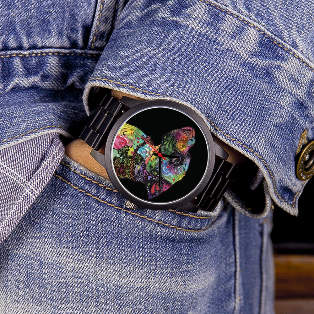 ساعة يد بتصميم كلب 45/38 ملم بمينا ذهبي وردي كوارتز للرجال والنساء مع حزام أسود ساعة فضية عالمية هدية تذكارية