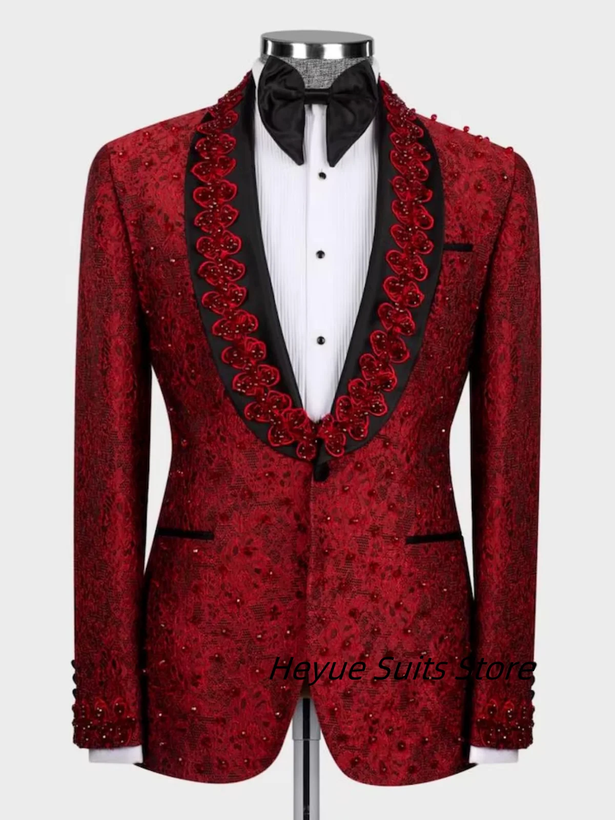 Classic Embroidery Beads Men Suits Slim Fit Shawl Lapel Groom Tuxedos 3 Pieces Sets Male Prom Blazers Party Costumes Homme