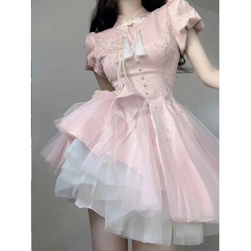 Puff Sleeve High Waist Graduation Party Shining Tulle Pearl Dress Woman Short Evening Dress Above Knee Mini Prom Dress Women