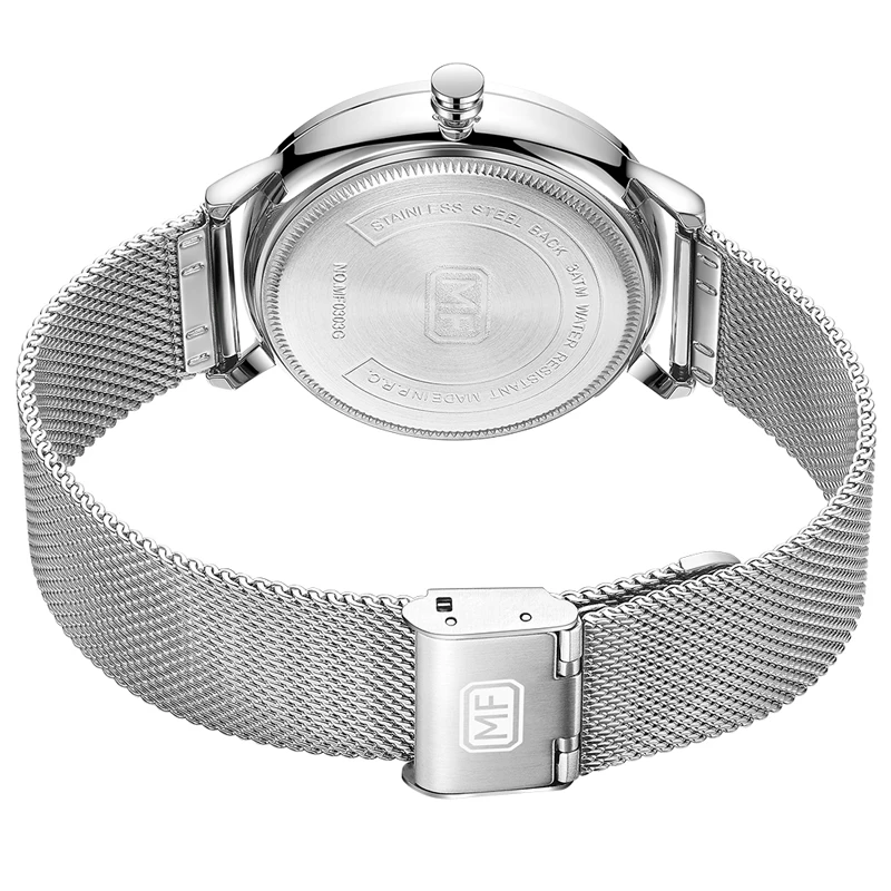 Mini Focus MF0303G ساعة الموضة الطلب الكبير شبكة فضية سوار فولاذي مقاوم للماء التقويم رجال الأعمال التناظرية ساعات الكوارتز