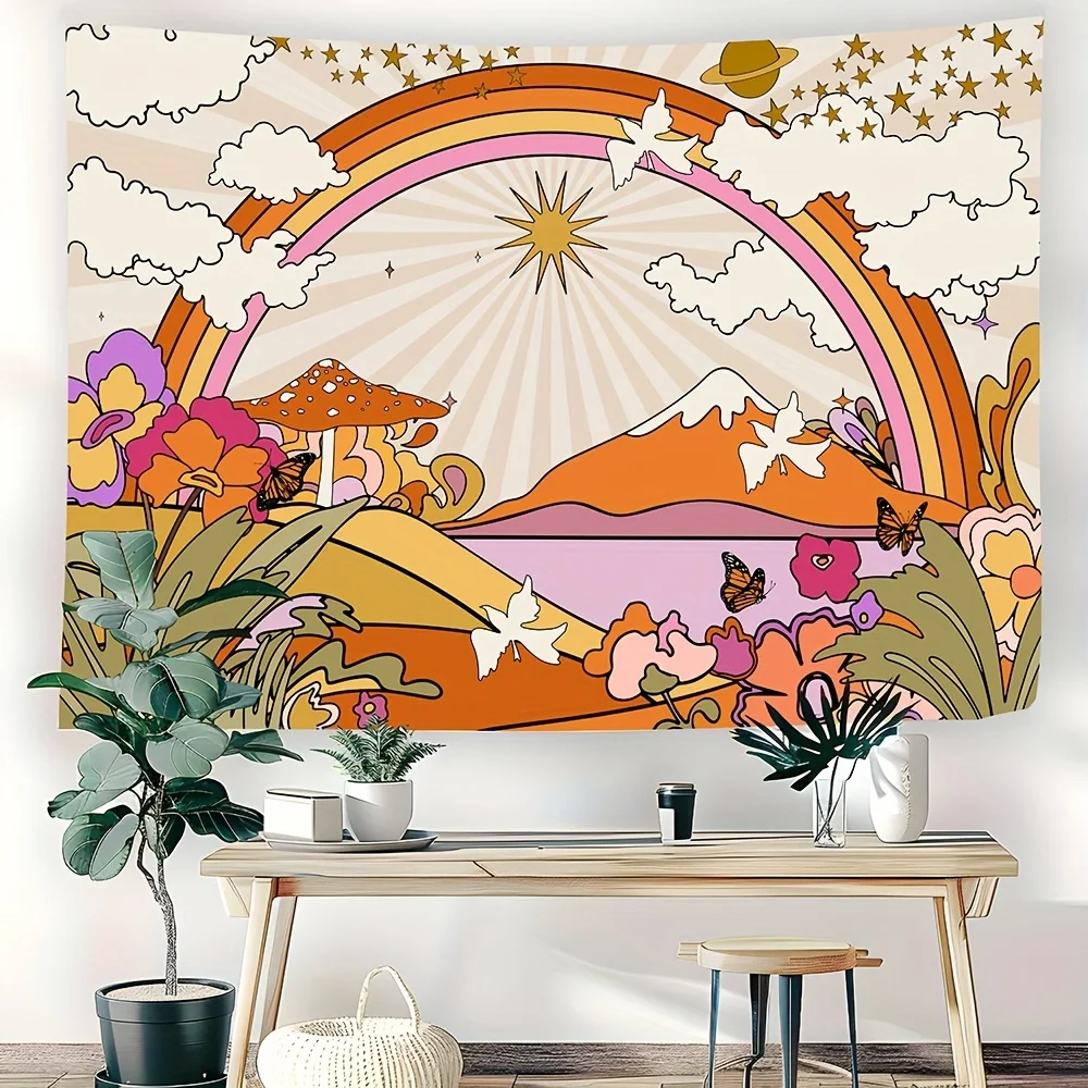 Boho Aesthetic Bedroom Wall Tapestry, Retro 70s Cute Room Decor, Vintage Pink Sun Mushroom Design,Woven Transverse Orientation