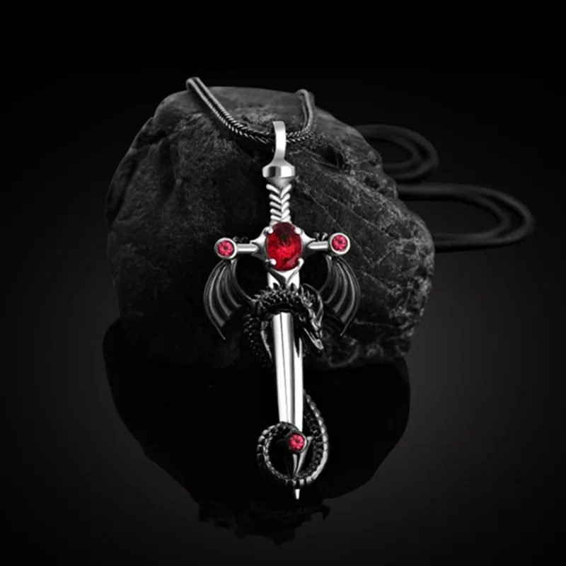 Fashion Men Dragon Sword Necklace Sword Black Dragon Pendant Hip Hop Necklaces for Men Animal Jewelry Party Anniversary Gift