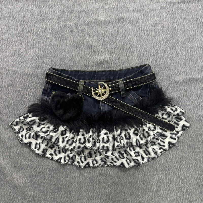 Y2k Aesthetic Lolita Style Denim Skirt Women Vintage Sweet Leopard Print Plush Patchwork Mini Skirts Harajuku Fashion Jk Skirts