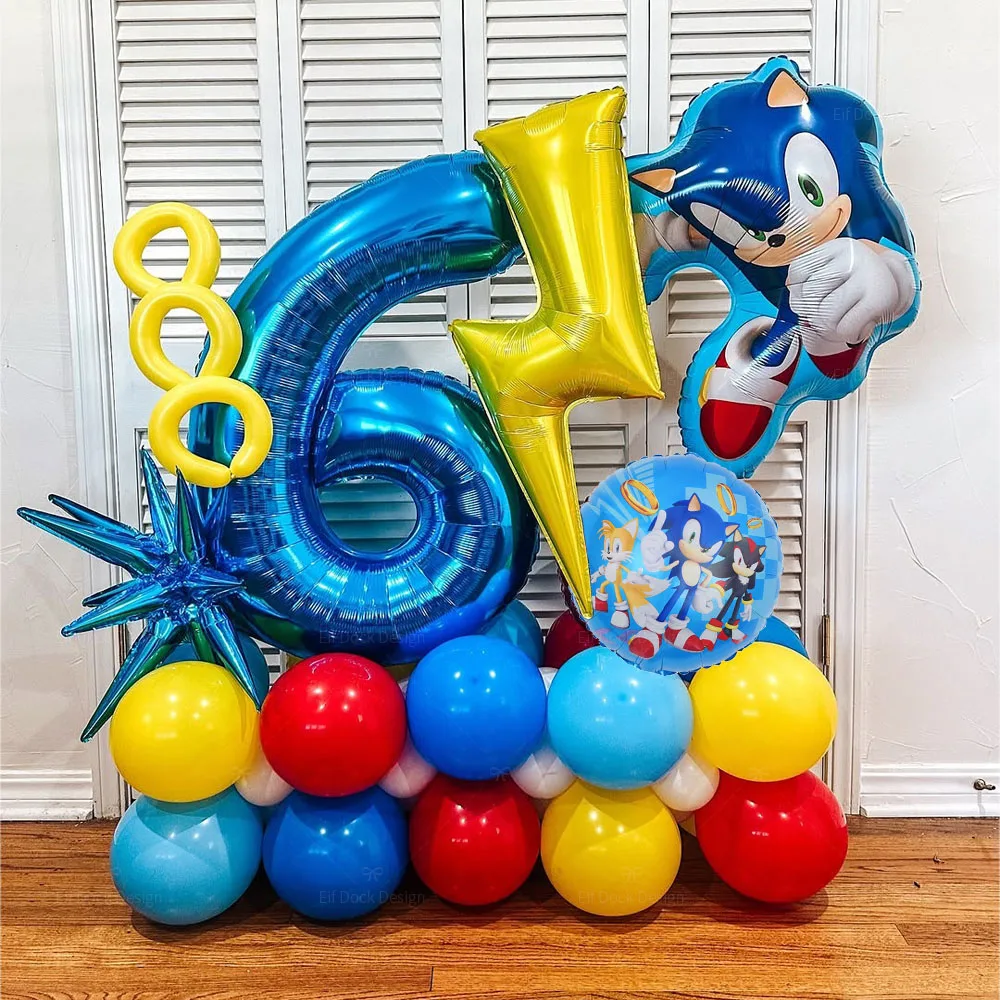 35 Uds. Globos de papel de aluminio con relámpago de erizo de dibujos animados, juego de globos azules, amarillos y rojos, decoración para fiesta de cumpleaños, regalos para Baby Shower
