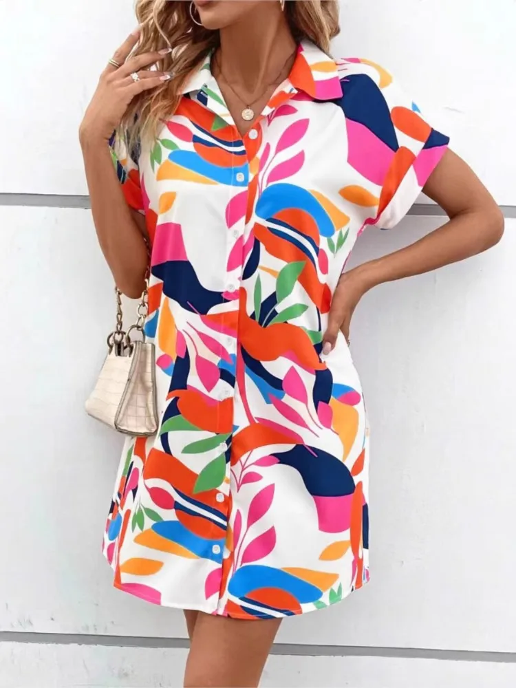 

Printed Fashion Short Skirt Summer Style Fashionable Temperament Commuter Short Sleeve Single Breasted Shirt Dress Women's Wear