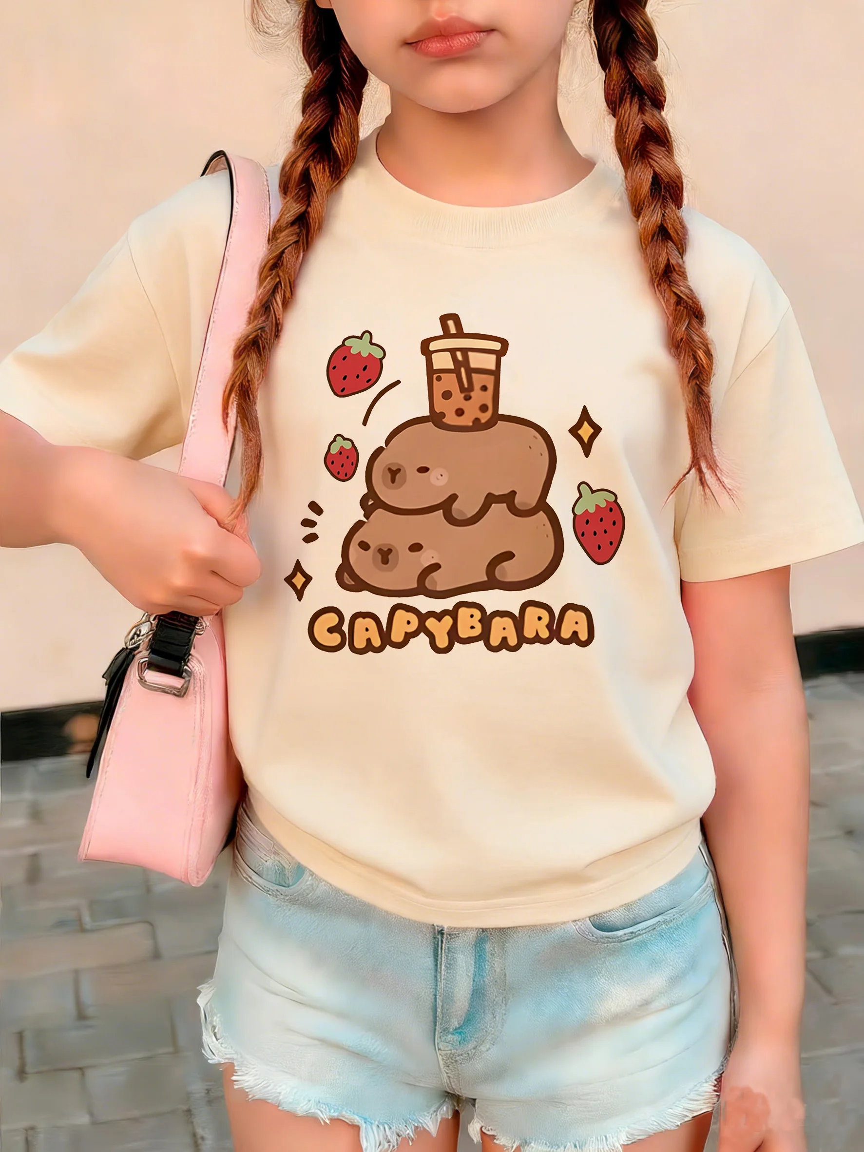 Capybara with Strawberry Lovely Design Printed T Shirts Kids Children's T-shirt Boys Girls Summer Spring Casual Top Tee Shirt