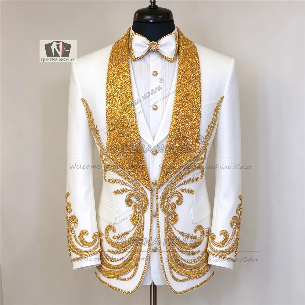 Hand Work Suits Men For Wedding 3 Piece Sets Sparkly Sequin Lapel Crystals Beaded Groom Prom Blazer Customized Man Party Outfit