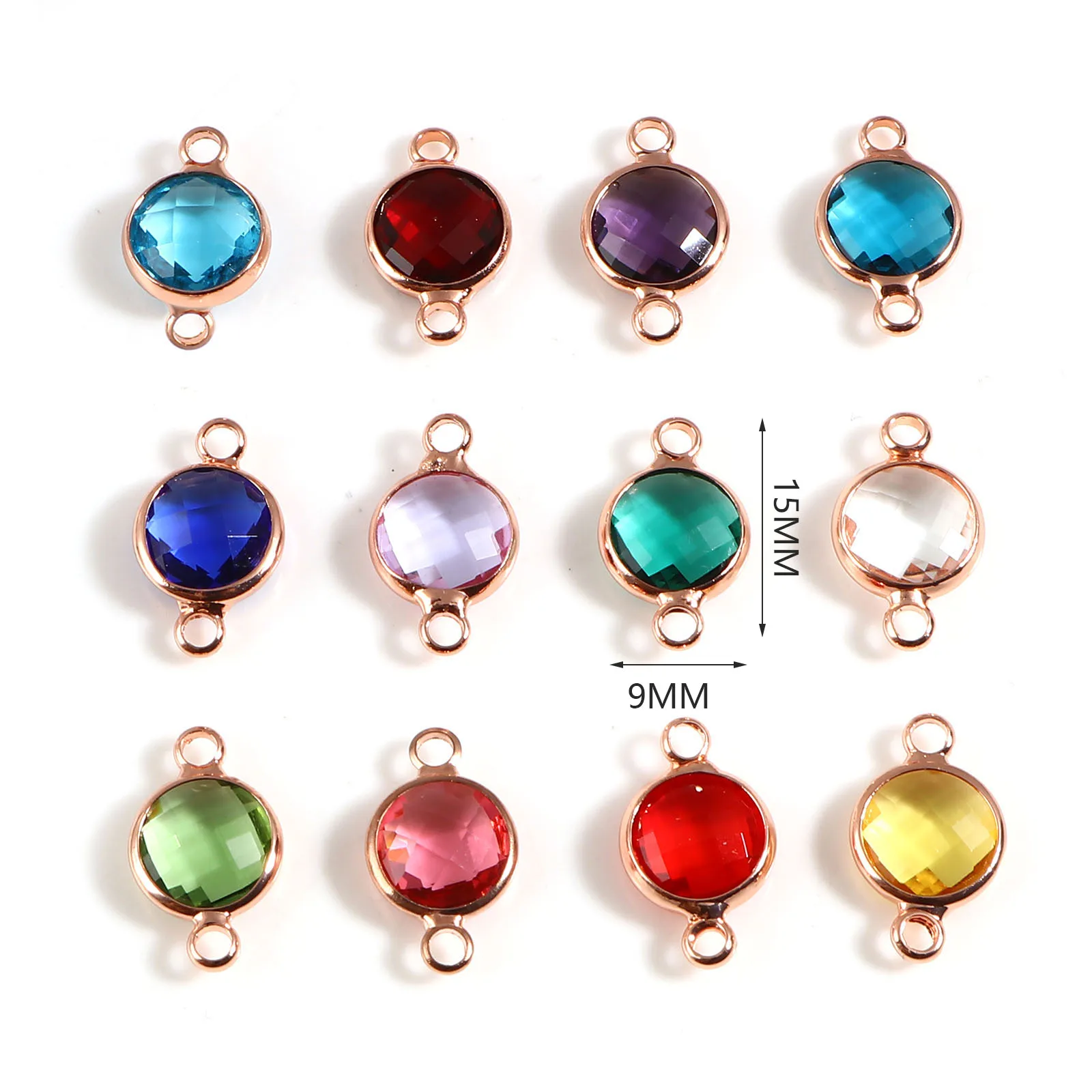 5PCs Copper Glass Birthstone Connectors Rose Gold Color Round Faceted Charms DIY Making Necklace Bracelets Jewelry Findings
