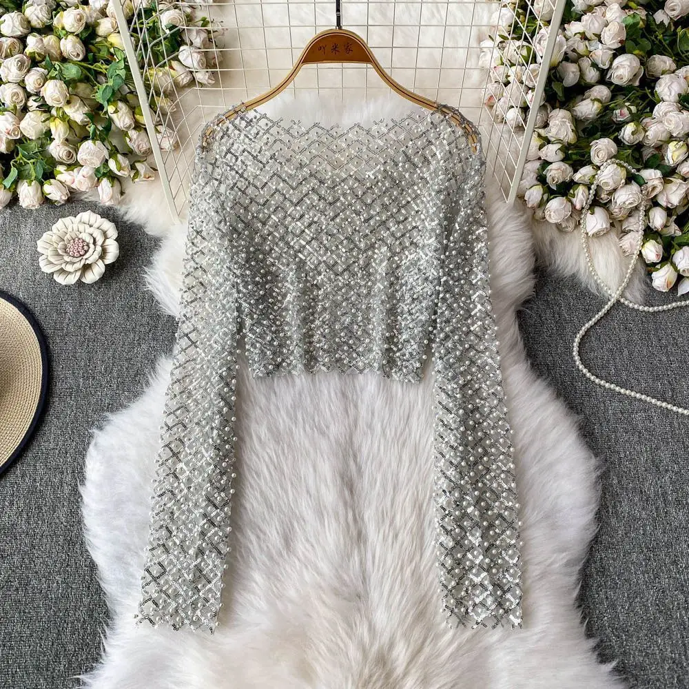 Y2K Clothes Sexy Sheer Sequins Beading T-shirt Long-sleeved Women Cropped Top Vintage Harajuku Tops Streetwear Shirts