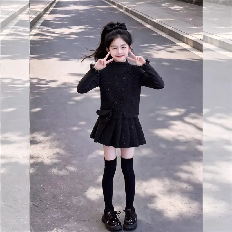 Autumn Winter Girls 2pc Clothing Set Teenager Kids Top Vest Cardigan Black Mini Pleated Skirt Children 4 6 8 10 12 14 Years