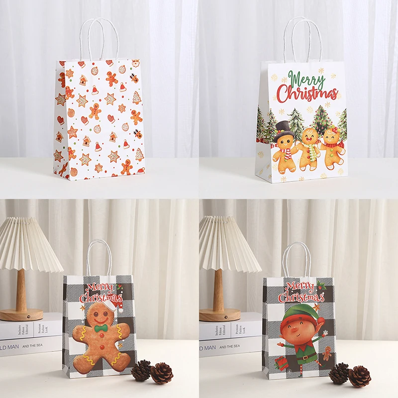 Christmas Paper Gift Bag Cartoon Pattern Gingerbread Man Reusable Storage Bag Grocery Shopping Holiday Party Favor Bag
