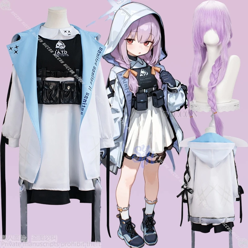 

Хакари Ацуко Косплей Игра Синий Архив Аниме Костюм Каваи Панк Пальто Платье Крутая Лолита Двойные Хвостики Фиолетовые Парики Хэллоуин