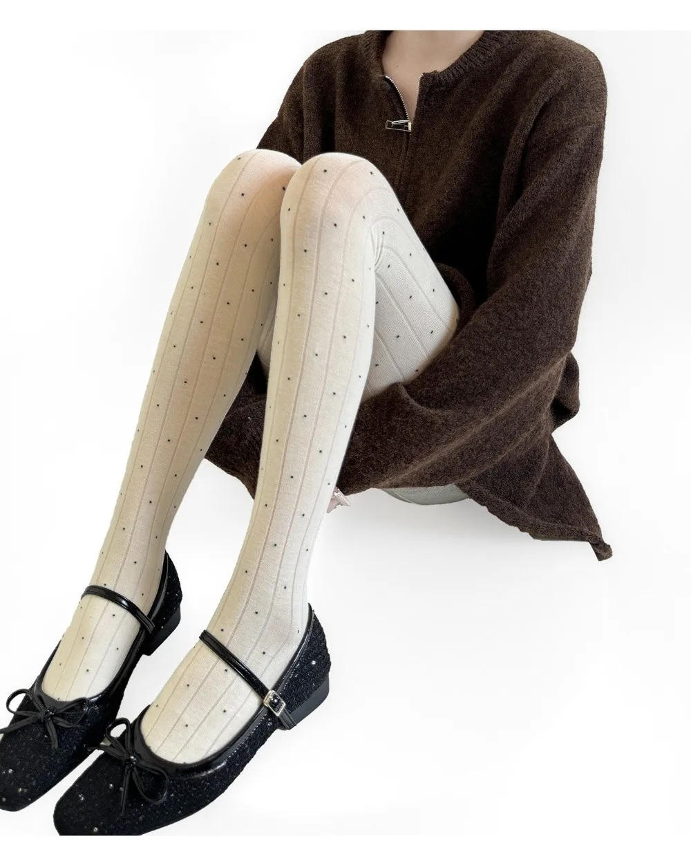 Essential Strumpfhose mit Polka-Dot-Muster, gerippte Textur, Baumwollmaterial, oberschenkelhohe Strümpfe, modische, bequeme Leggings – Detail 7