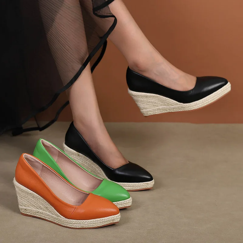 Espadrilles sandal Wedge wanita, sepatu hak tebal, sepatu pump hak tinggi, sepatu rami rajut jerami ukuran besar