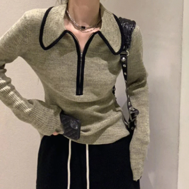 

Вязаная рубашка на молнии, осенне-зимний свитер с отложным воротником, женский модный классический облегающий пуловер с длинными рукавами, топ