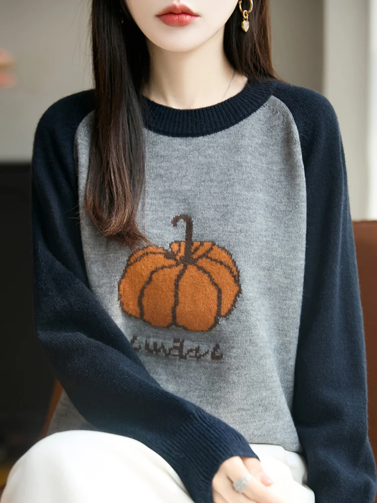 Loose Fit Pumpkin Pattern Knitted Sweater round Ne oulder Sve Insertion Korean Sle Color Blo Flower Embroidery Wom...
