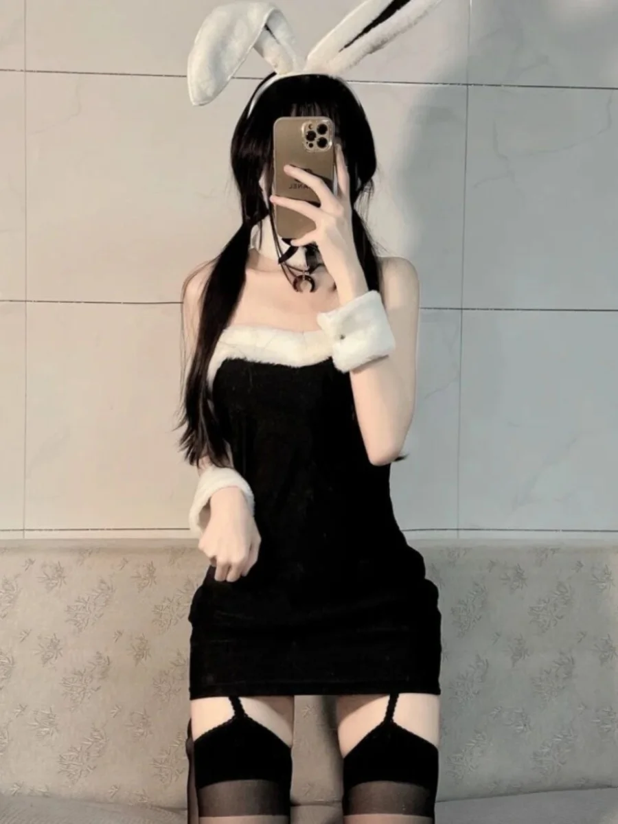 فستان نوم مخملي مثير بتصميم أذني أرنب، تنورة قصيرة نحيفة، ياقة مستديرة بدون أكمام، مناسب للفصول الأربعة، أزياء شبابية عصرية