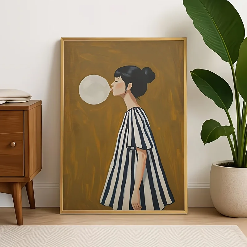 Bubble-blowing girl abstract canvas decorative painting, 2D printed poster, simple striped home decoration for the living room