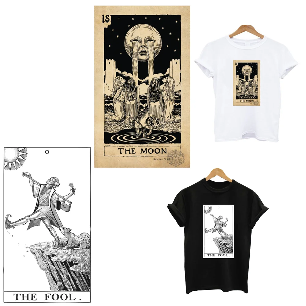 2 sztuk/partia Moon Fool Tarot termosamoprzylepne naklejki termotransferowe żelazko na łaty do prasowania aplikacja t-shirt DIY