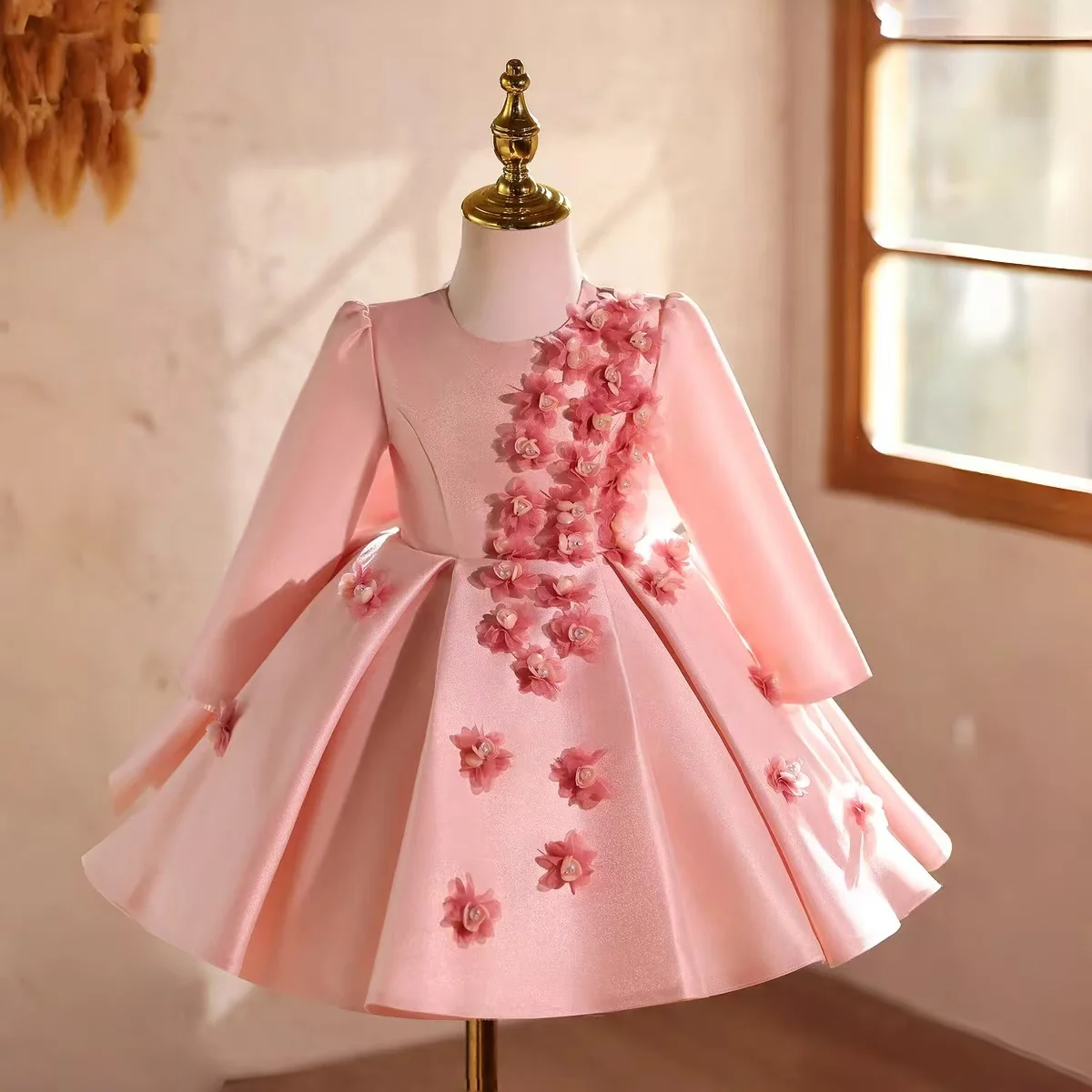 فستان فتاة الزهور الأنيق Dreamy Vow D219 بأكمام طويلة من الساتان الأميرة للأطفال فستان رسمي لحفلات الزفاف وأعياد الميلاد والمهرجانات #1