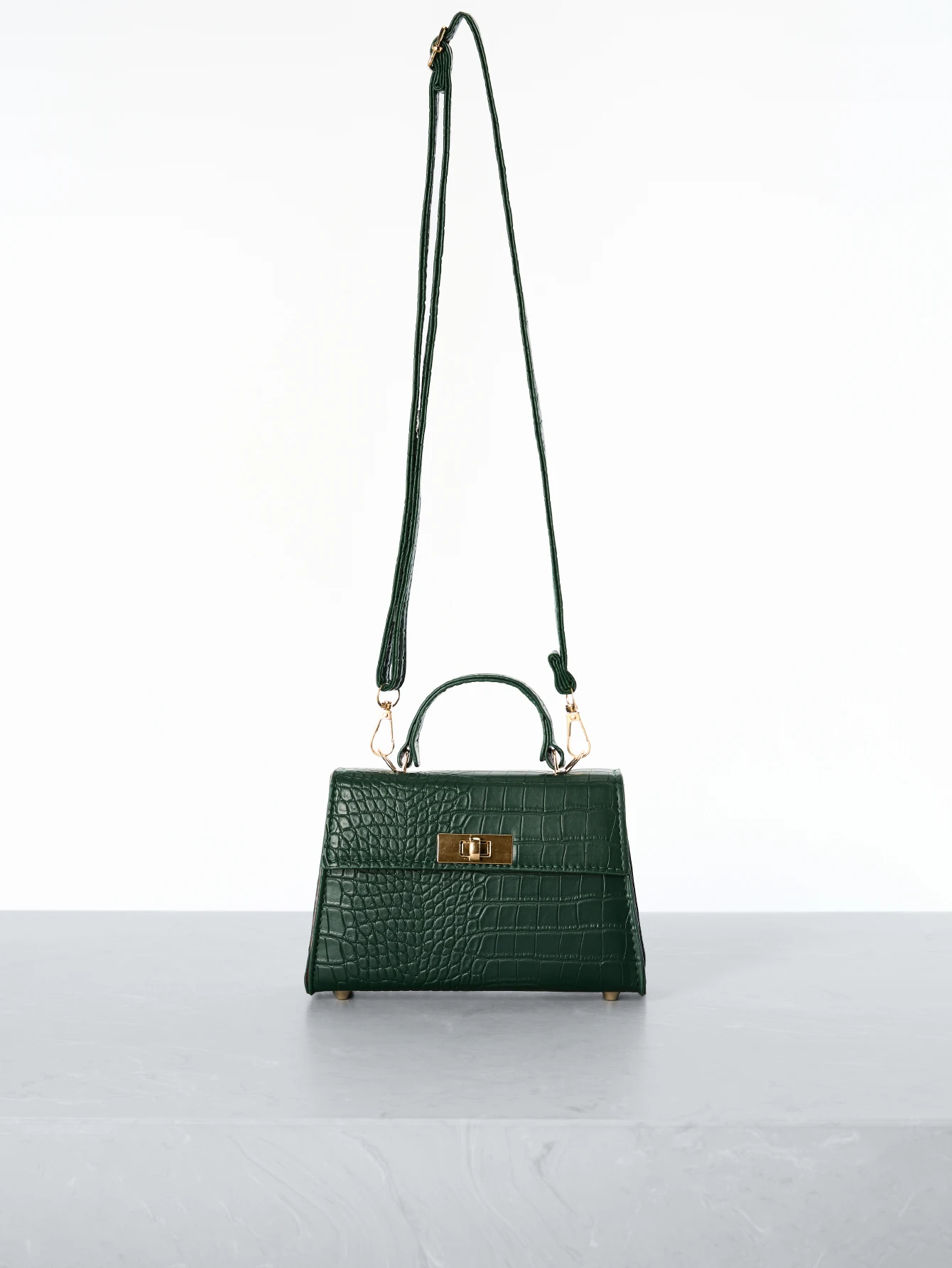 

Emerald Green Croc-Embossed Square Top-Handle Bag with Twist Lock