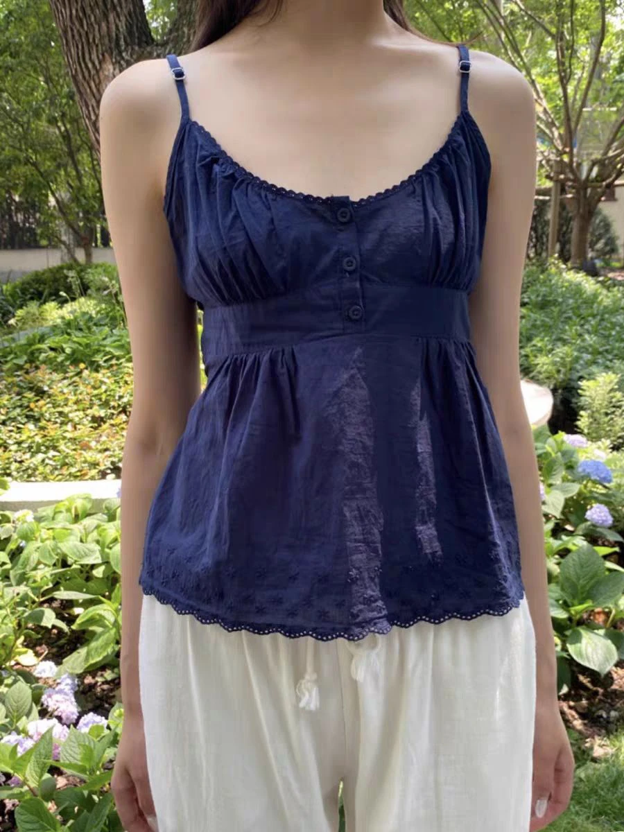 

Женские топы на бретелях с цветочной вышивкой и тремя пуговицами, v-образный вырез сзади, камзол на шнуровке, темно-синий простой милый хлопковый жилет, новый топ