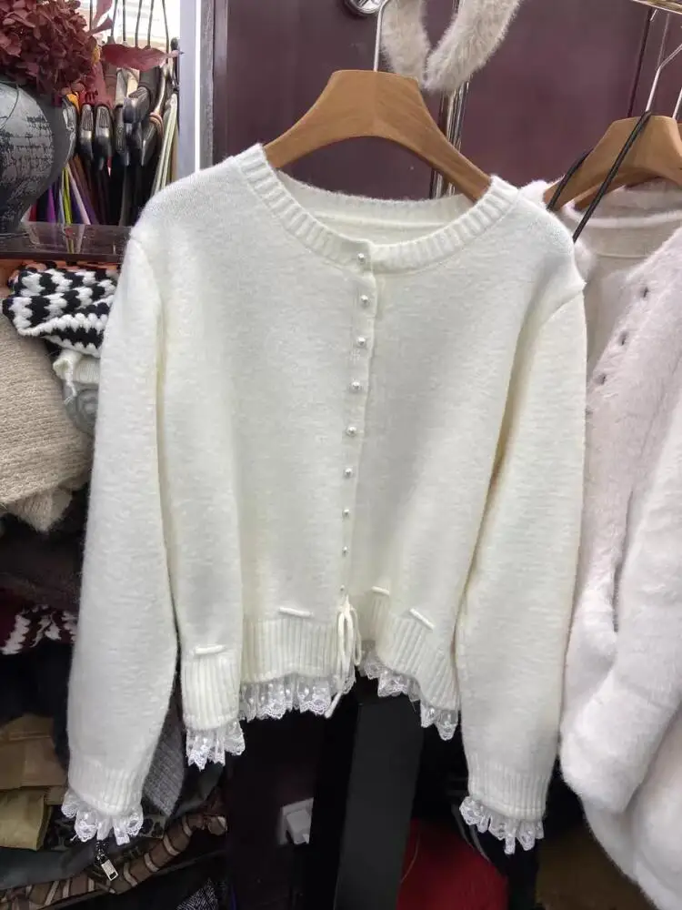 Cardigan coreano in pizzo dolce da donna primavera casual vestibilità ampia manica lunga girocollo top lavorato a maglia maglione legato in vita versatile