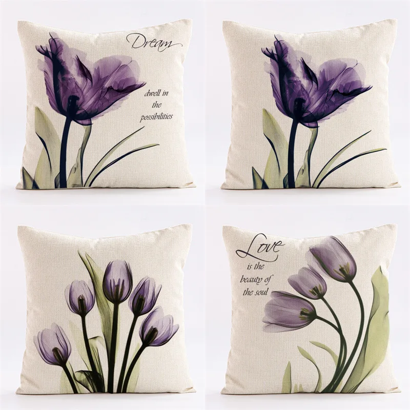 Purple tulip pattern throw pillow cover with short plush print for living room sofa decoration cushion cover pillow covers