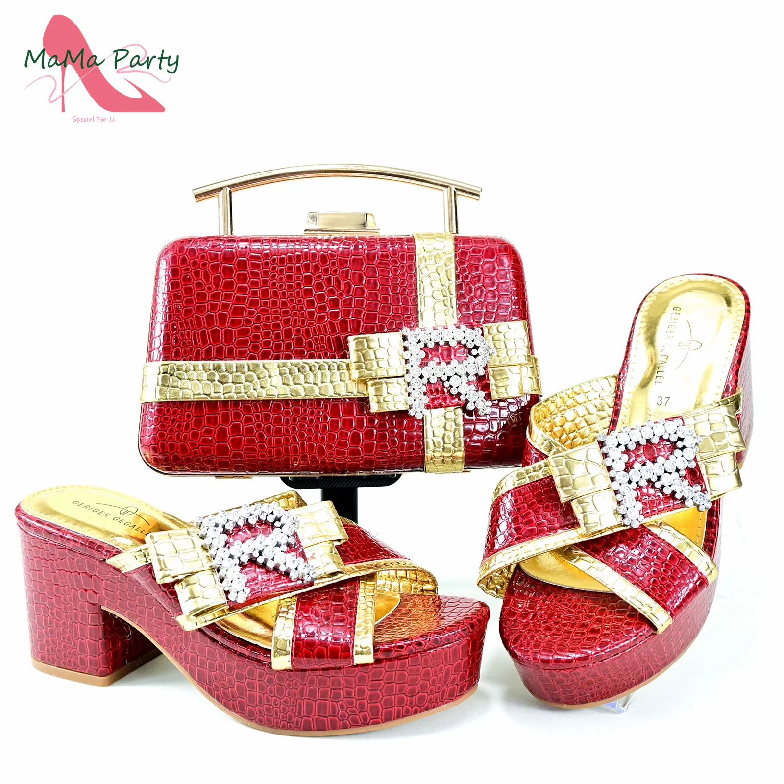 

High Quality Spring New Arrivals African Women Shoes and Bag Set in Red Color Decorate with Rhinestone Slipper for Party