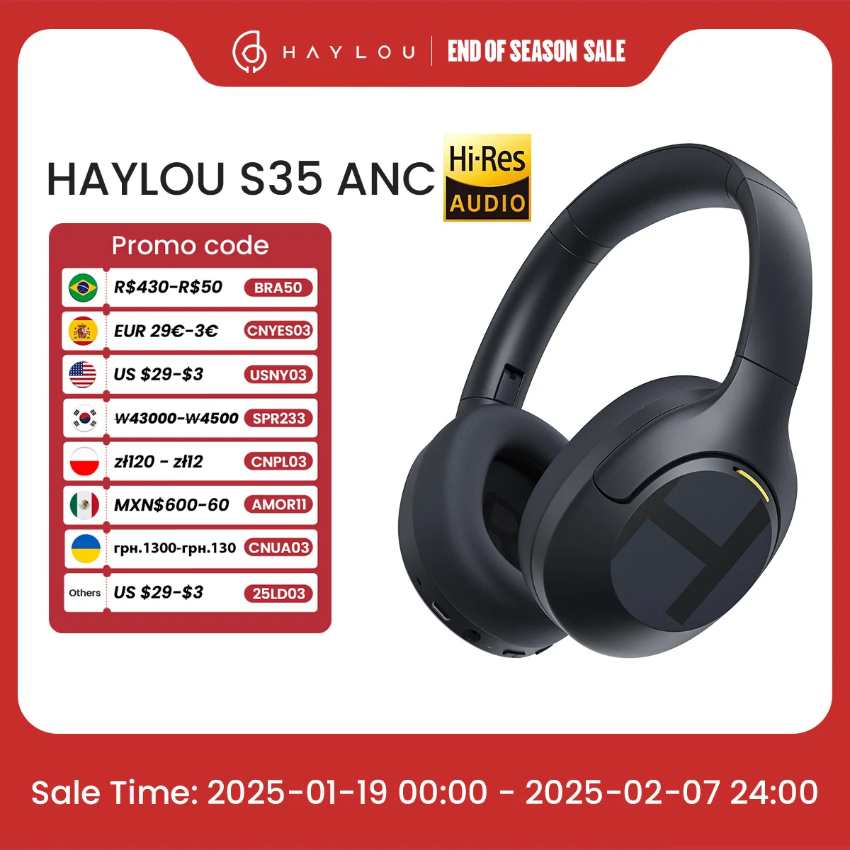 HAYLOU S35 ANC Wireless Bluetooth 5.2 Headphones 42dB Over-ear Noise Cancellation Headsets 40mm Driver 60H Playtime Earphones