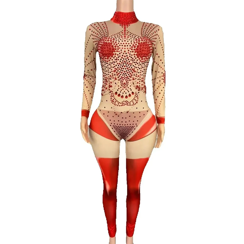 Women Sexy Rhinestone Printing Elastic High Neck Bodysuit Gloves Cross dressing Queen Female Singer Stage Performance Costume