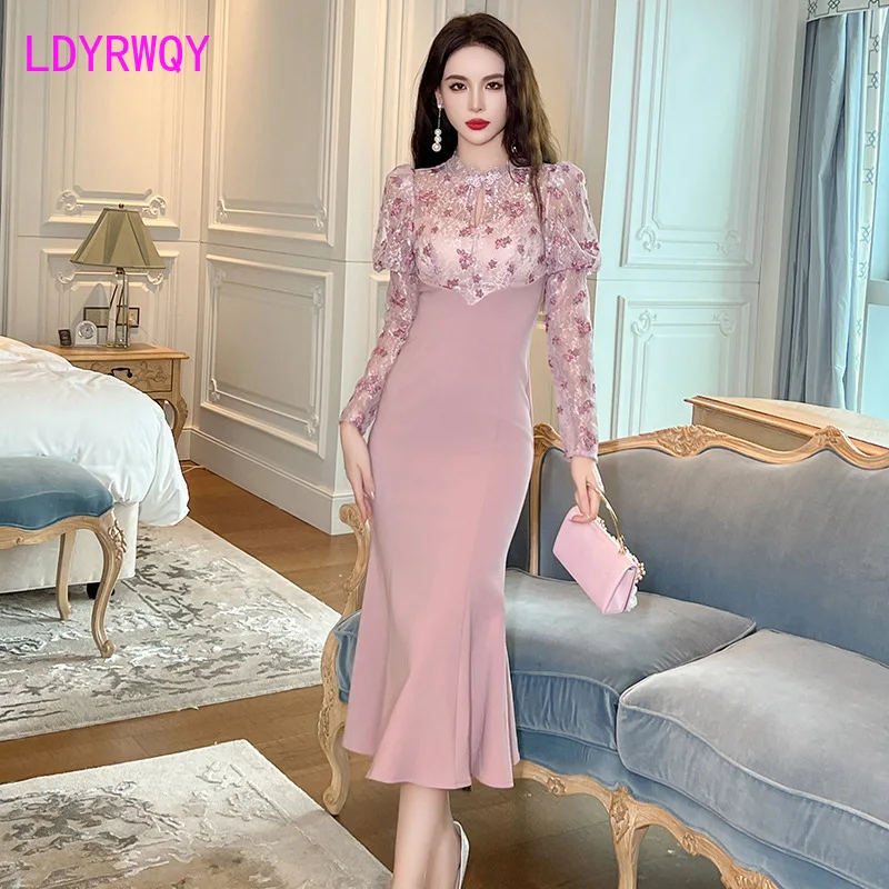 

Improved Qipao Long Dress 2023 Autumn New Design Sense Spliced Fish Tail Wrap Hip Dress