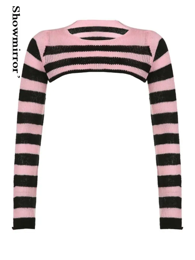 gothic Y2k Girl Crop Sweater cover Black Pink Striped  pullover Long Sleeve Smock Pullovers Kawaii Women Knit Tops clothes