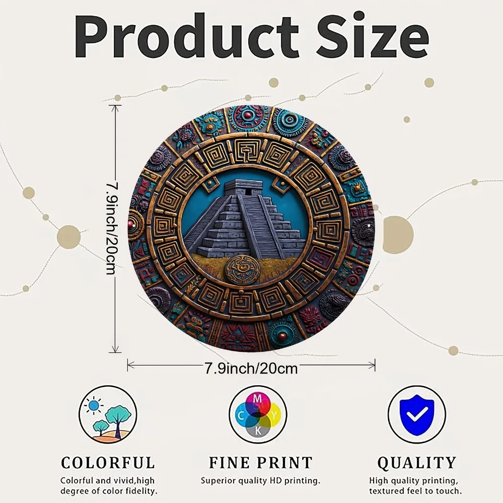 2D Metal Sign 8x8in Round Aluminum Wall Art, Mayan Pyramid Decor for Living Room Bedroom, Exotic Light Luxury Housewarming Gift