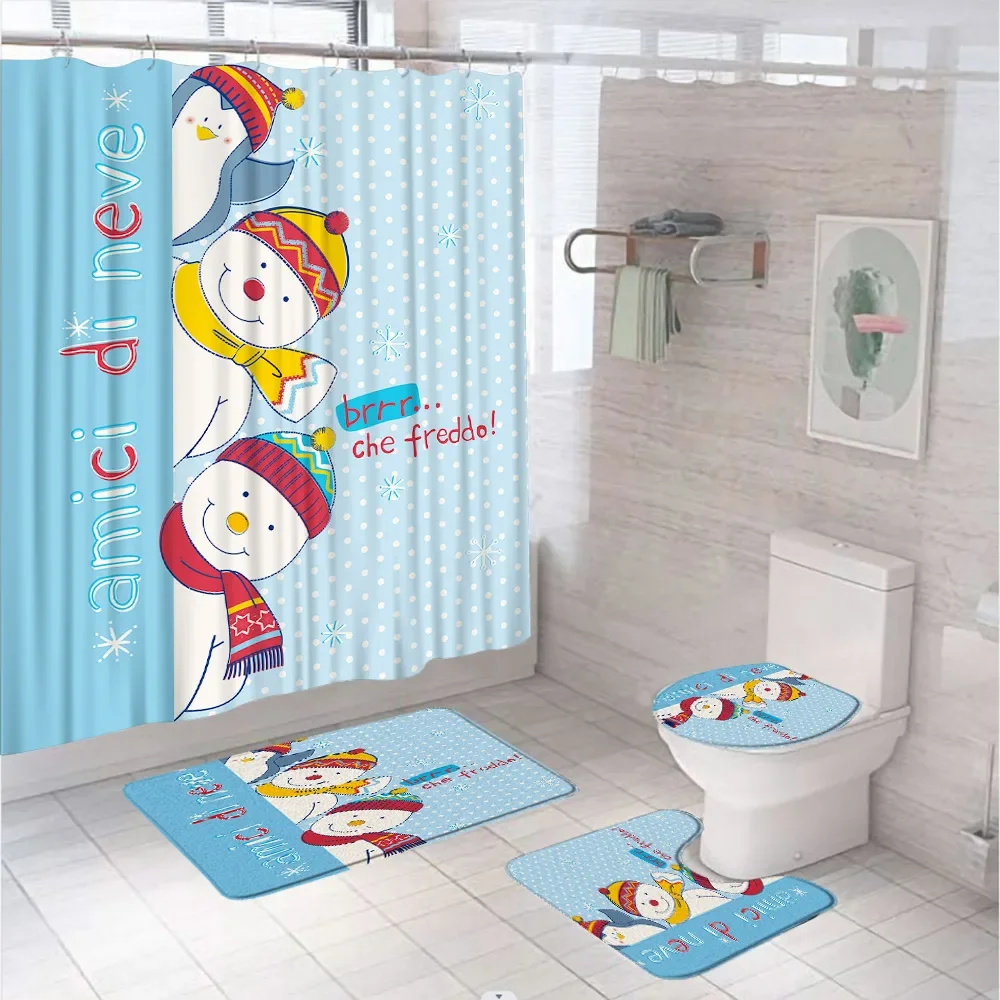 

Cartoon Snowman Christmas Shower Curtain Sets Non Slip Rug Toilet Lid Cover Bath Mat Cute Xmas Holiday Decor Kid Home Tub Screen