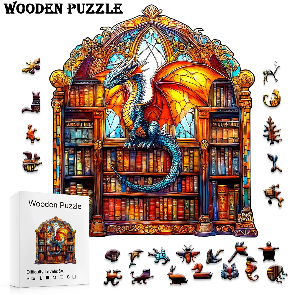 

Dragons in the library - Wooden puzzles - Exquisite paper boxes - Alien puzzle toys - Irregular shaped wooden puzzle decorative