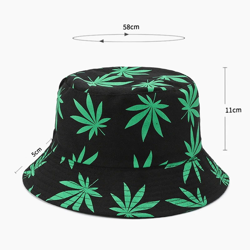 Women Spring Summer Marijuana Leaf Print Cotton Polyester Fisherman Cap Female Wide Brim Travel Decorate Sunscreen Sun Hat A8