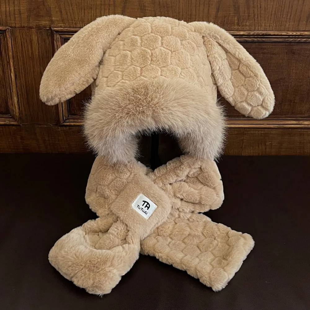 

Kawaii Winter Hooded Hat Scarf Set Thicken Plush Fluffy Bomber Hats Fuzzy 3D Ears Ear Protection Lei Feng Hat For Cold Weather