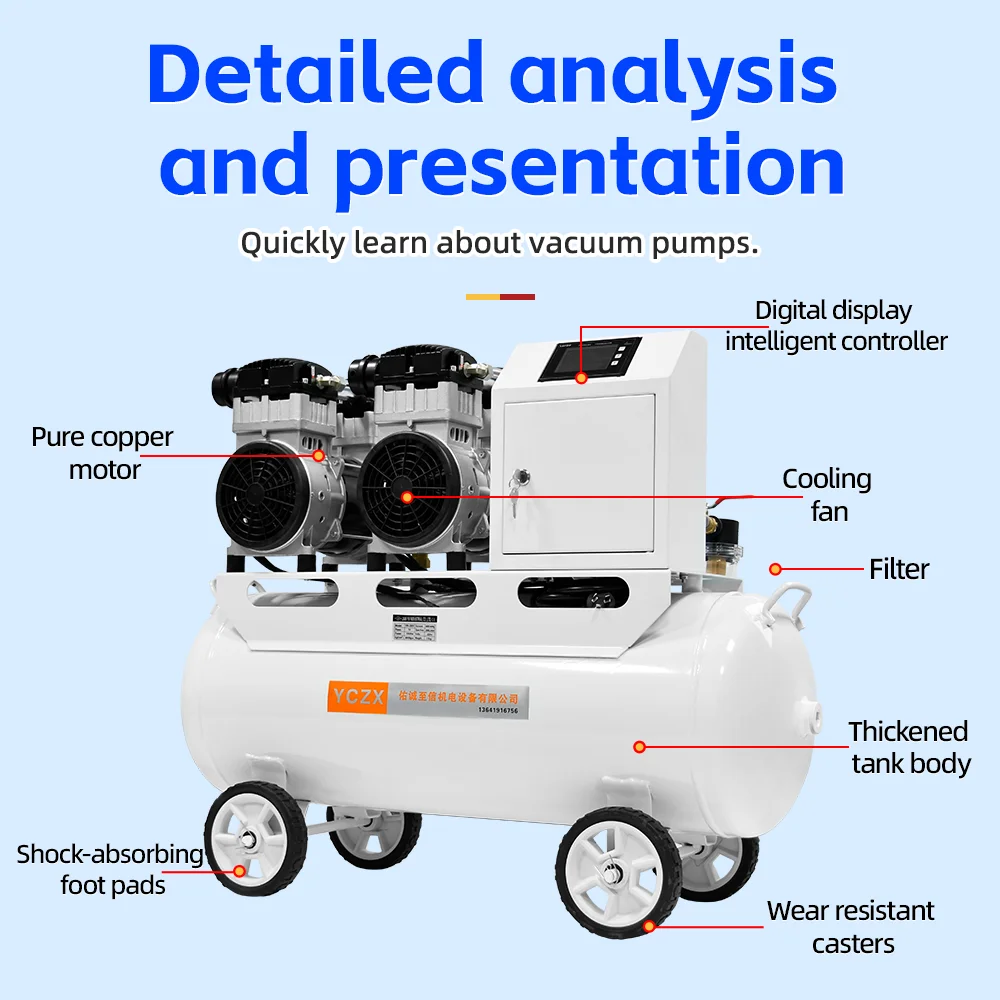 ชุดปั๊มสุญญากาศแบบไร้น้ำมัน 400 ลิตร/นาที -91 กิโลปาสคาล 220 โวลต์ 2000 วัตต์ ปั๊มลมอุตสาหกรรม หัวปั๊มลมพร้อมถังเก็บลม 65 ลิตร